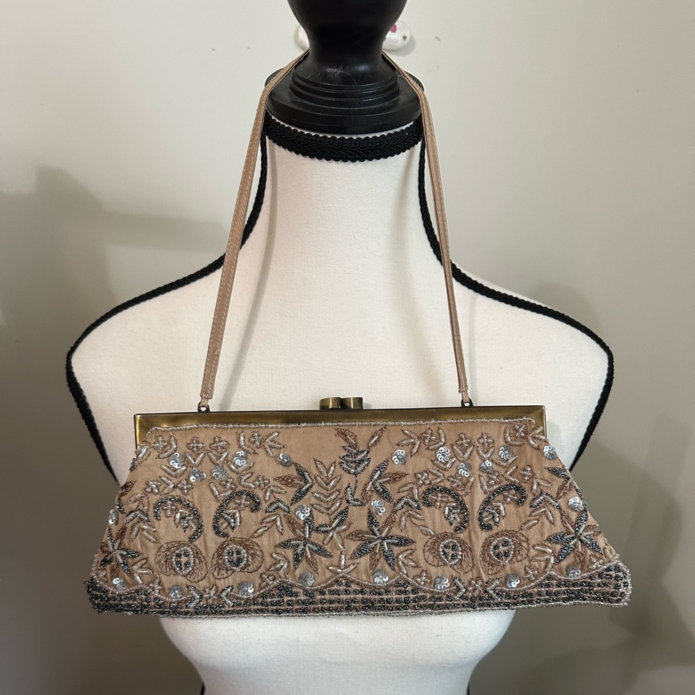 Tan satin beaded Purse santi